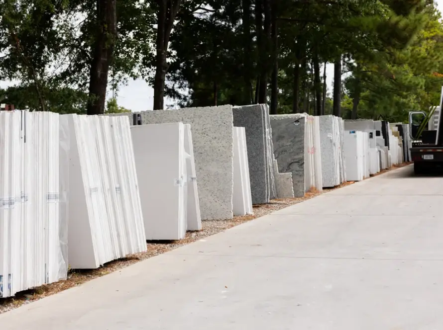 Stone slabs staged for fabrication and 3D stone scanning technology at USA Dream Stone